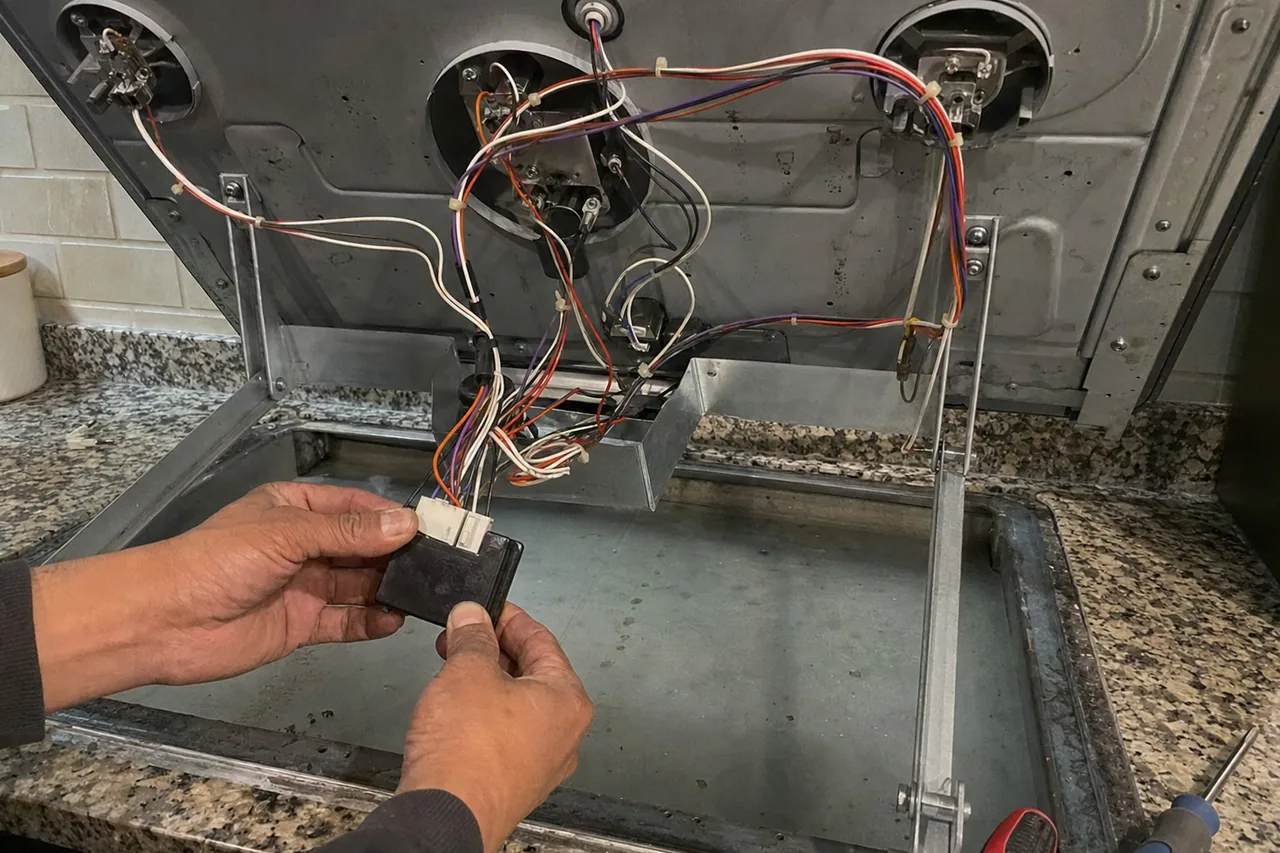 Hands testing the spark module under a gas cooktop that has been hinged up on its supports, screwdrivers lying on the granite beside it.