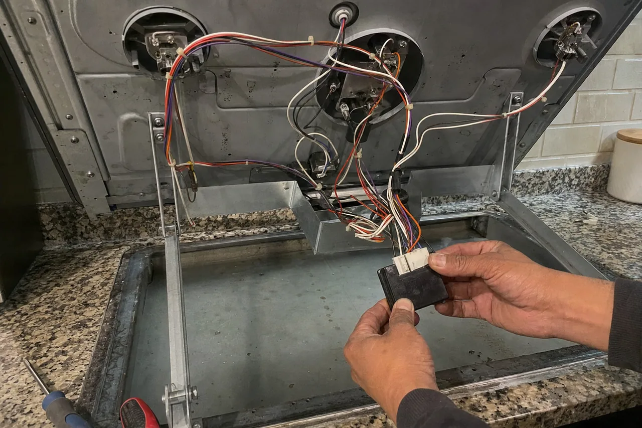 Mirrored view under the lifted cooktop: wiring harness, spark module and the granite cutout the appliance drops into.