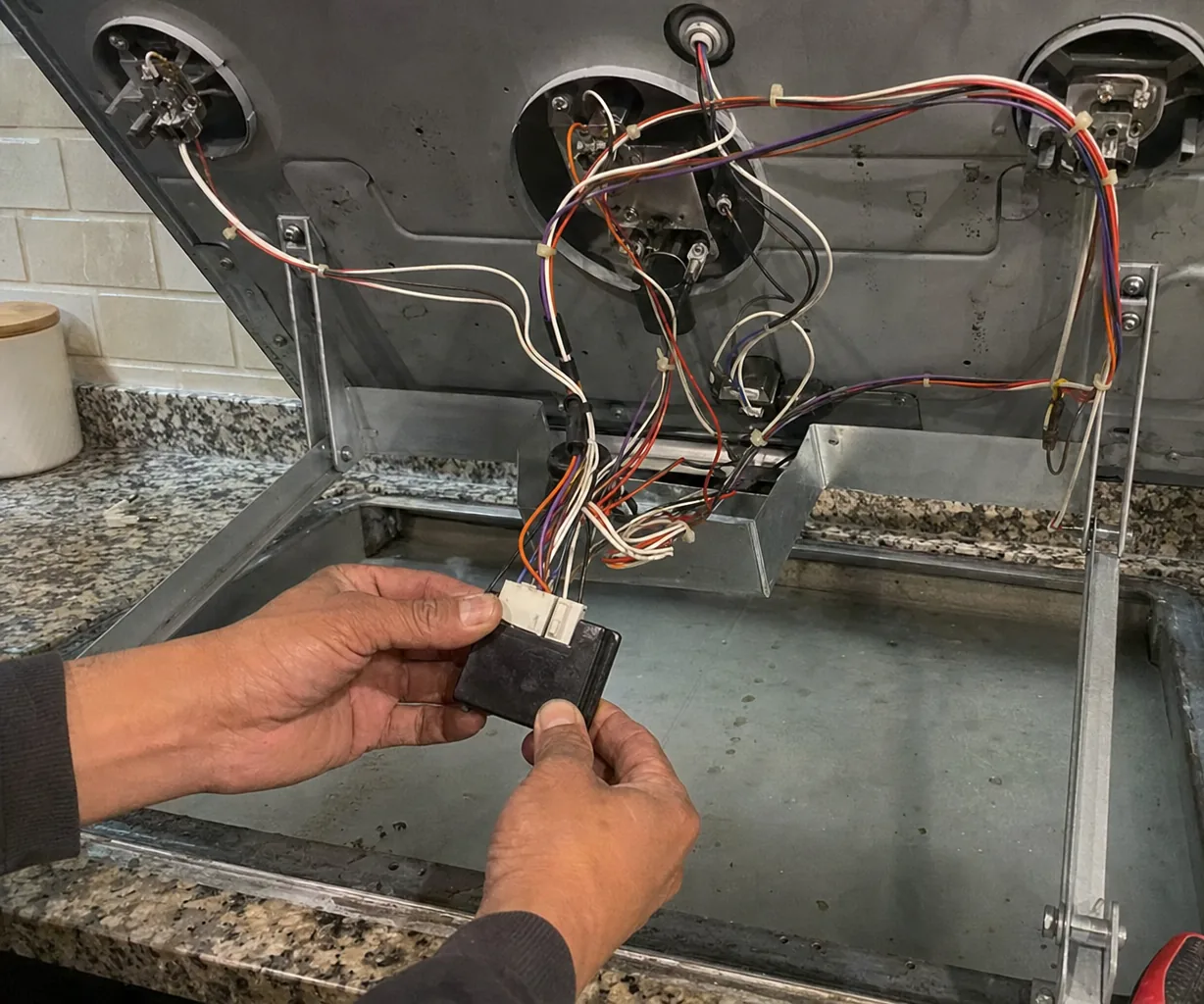 Left crop of the hinged-up cooktop, its support arms holding the unit clear of the granite cutout.