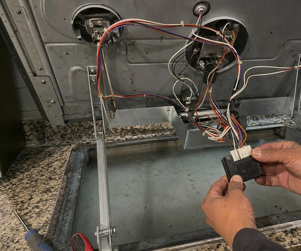 Mirrored right-hand crop under the cooktop, wiring and the spark module in the foreground, screwdrivers on the counter above.