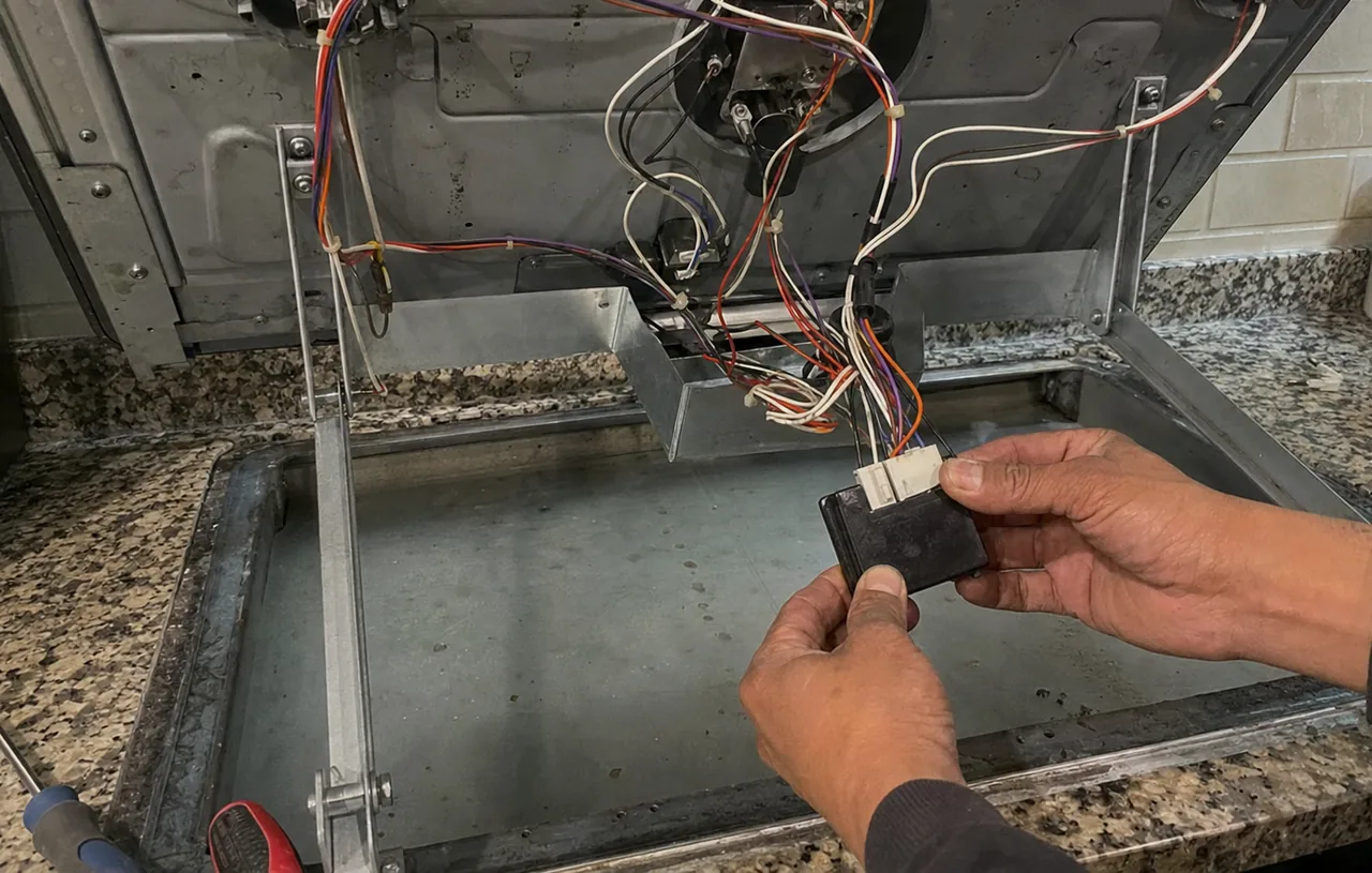 Lower band of the same frame, mirrored: the cabinet opening beneath the lifted cooktop and the wiring routed into it.