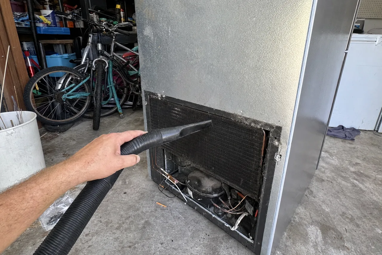 A refrigerator standing in a hot Florida garage with its lower grille removed and a technician vacuuming the condenser coil, storage shelving behind.