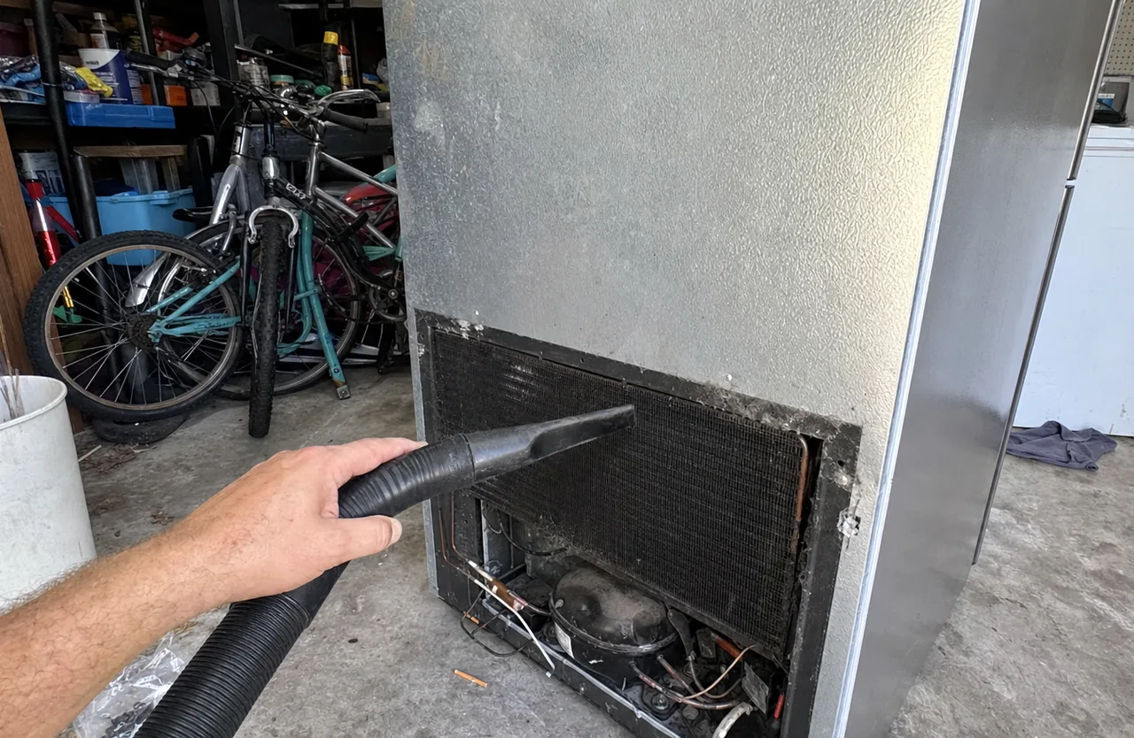 Upper band of the garage frame: the appliance top, the wall shelving above it and the light coming in from the open door.