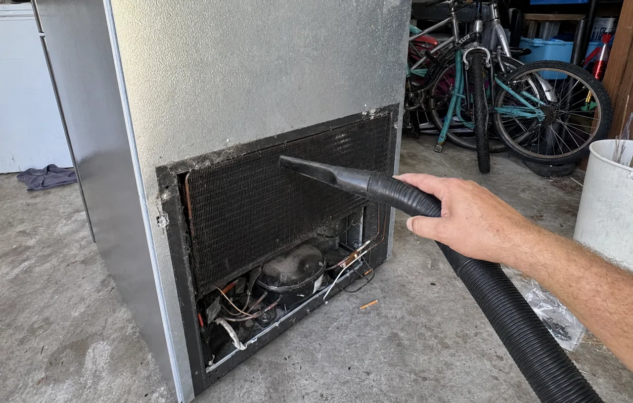 Lower band of the garage refrigerator job, mirrored: the removed grille leaning on the floor beside the vacuum hose.