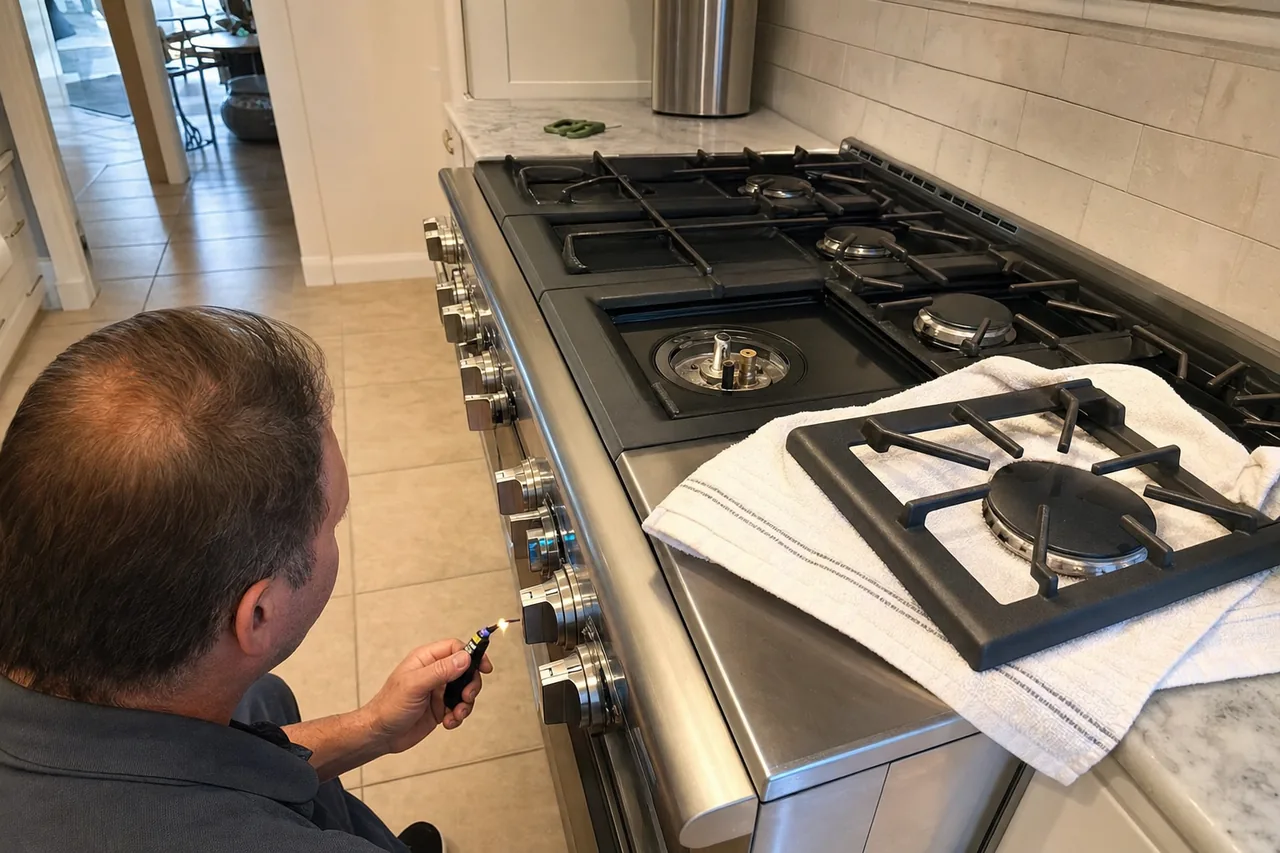 Mirrored view of the same range service: burner ports exposed, the removed grate on a folded towel, tile floor underfoot.