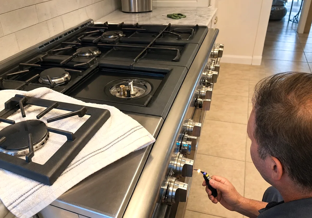 Centre crop of the burner service, the cast grate lying on the towel and the exposed burner tube in the appliance behind it.