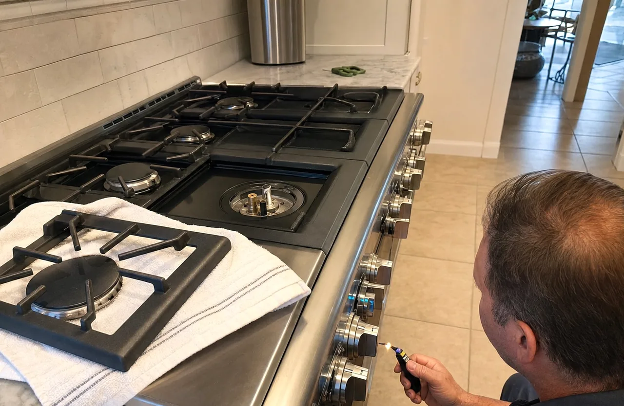 Upper band of the range service frame: stainless control fascia, cast grates and the technician’s shoulder at the edge.