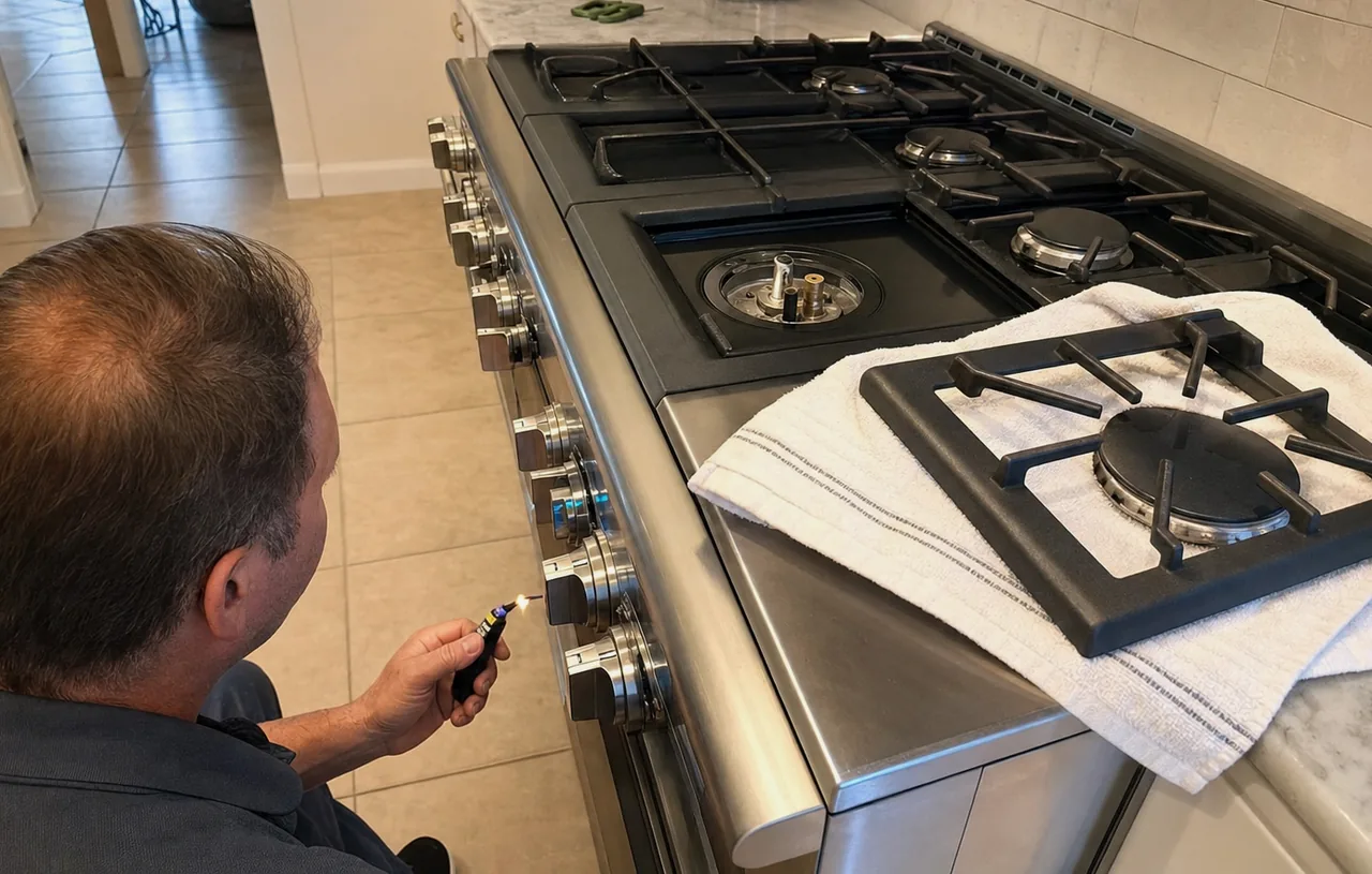 Lower band of the range repair, mirrored: the towel on tile, the removed grate, and tools within reach of the technician’s knee.