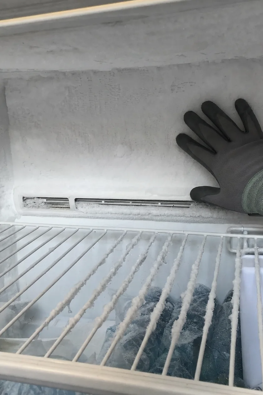 Off-centre mirrored crop of the iced compartment, shelf edge and frost-covered vent in frame.