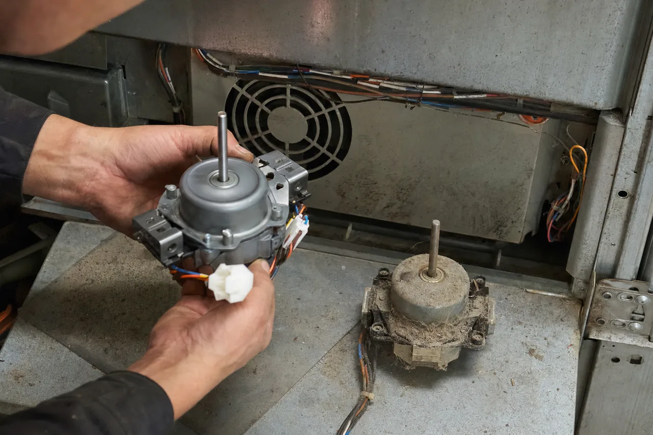 Close-up of hands fitting a new evaporator fan motor into an appliance back panel, the old dusty part lying beside the clean replacement.