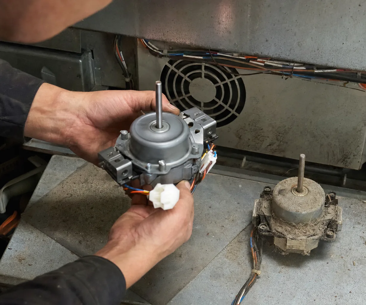 Left crop of the part replacement: the grimy original motor on one side of the frame, the new one already in its mount.