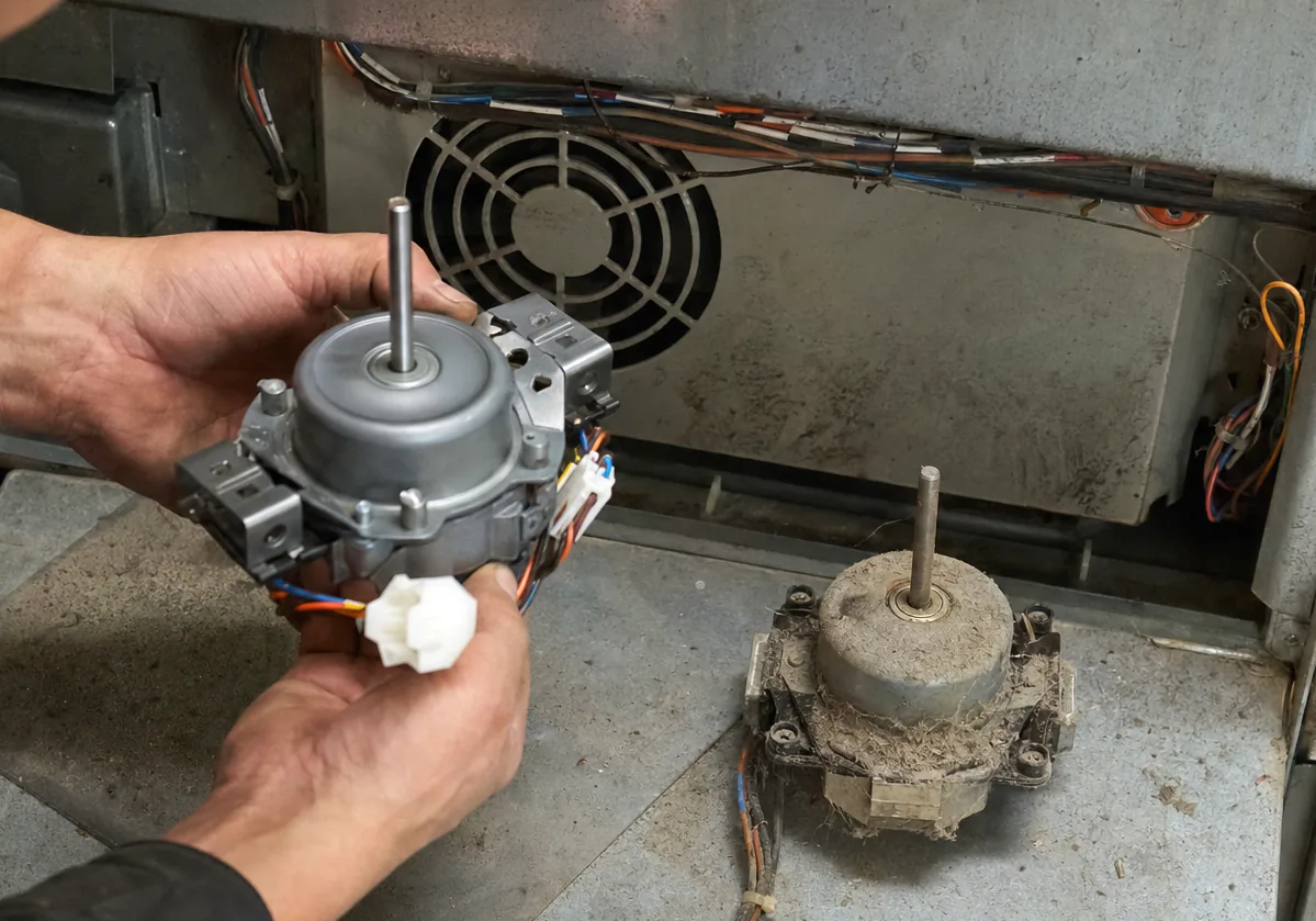 Centre crop of the replacement motor going into its bracket, a hand holding it square while the other starts a screw.
