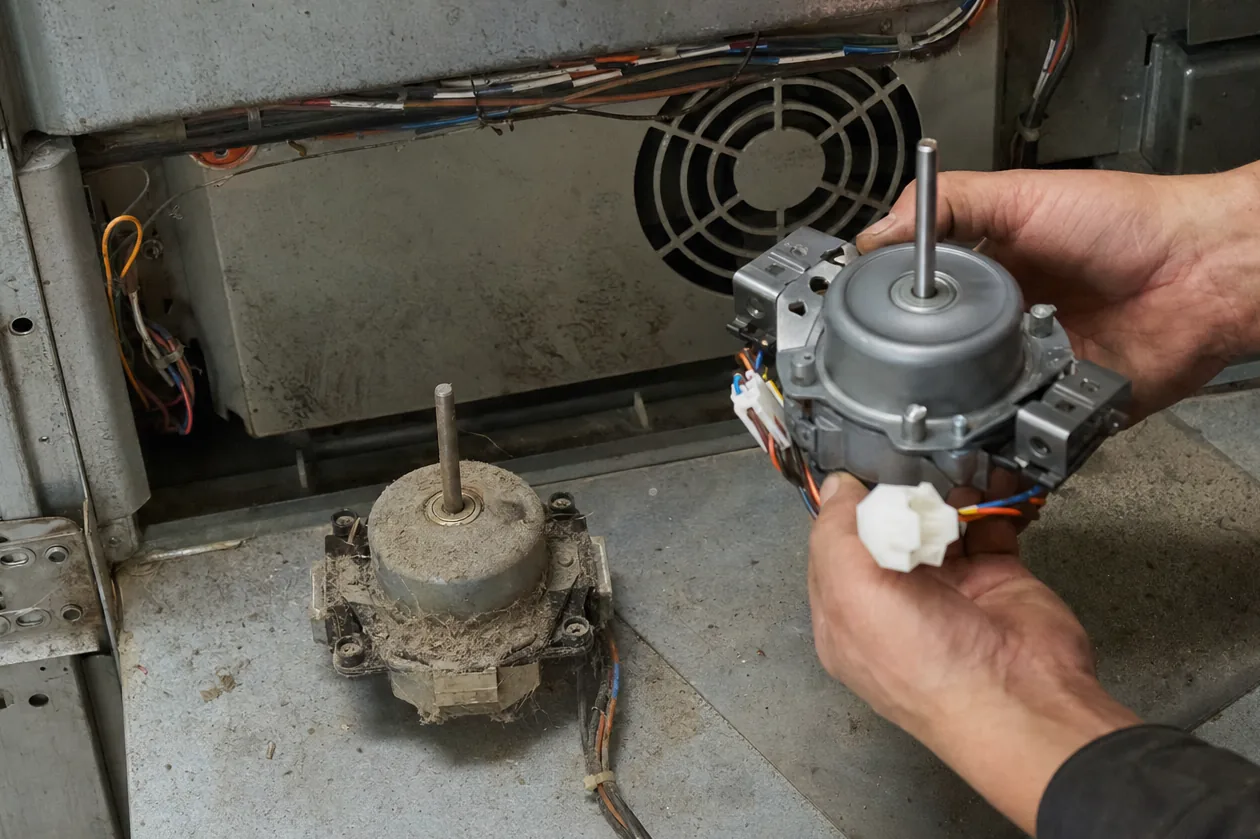 Off-centre mirrored crop showing both motors together, the worn one dusty and the OEM replacement clean.