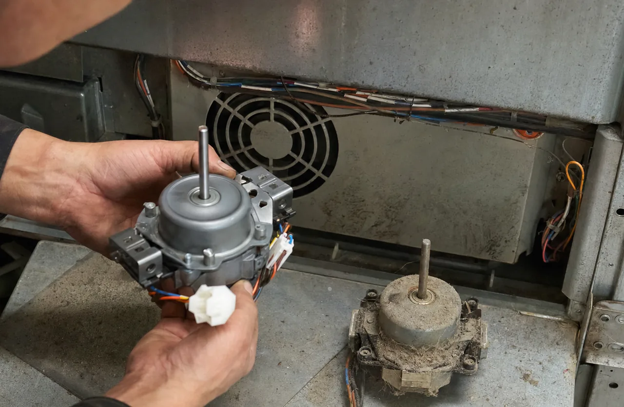 Upper band of the part replacement frame: the open back panel, the fan shroud and the new motor half seated.