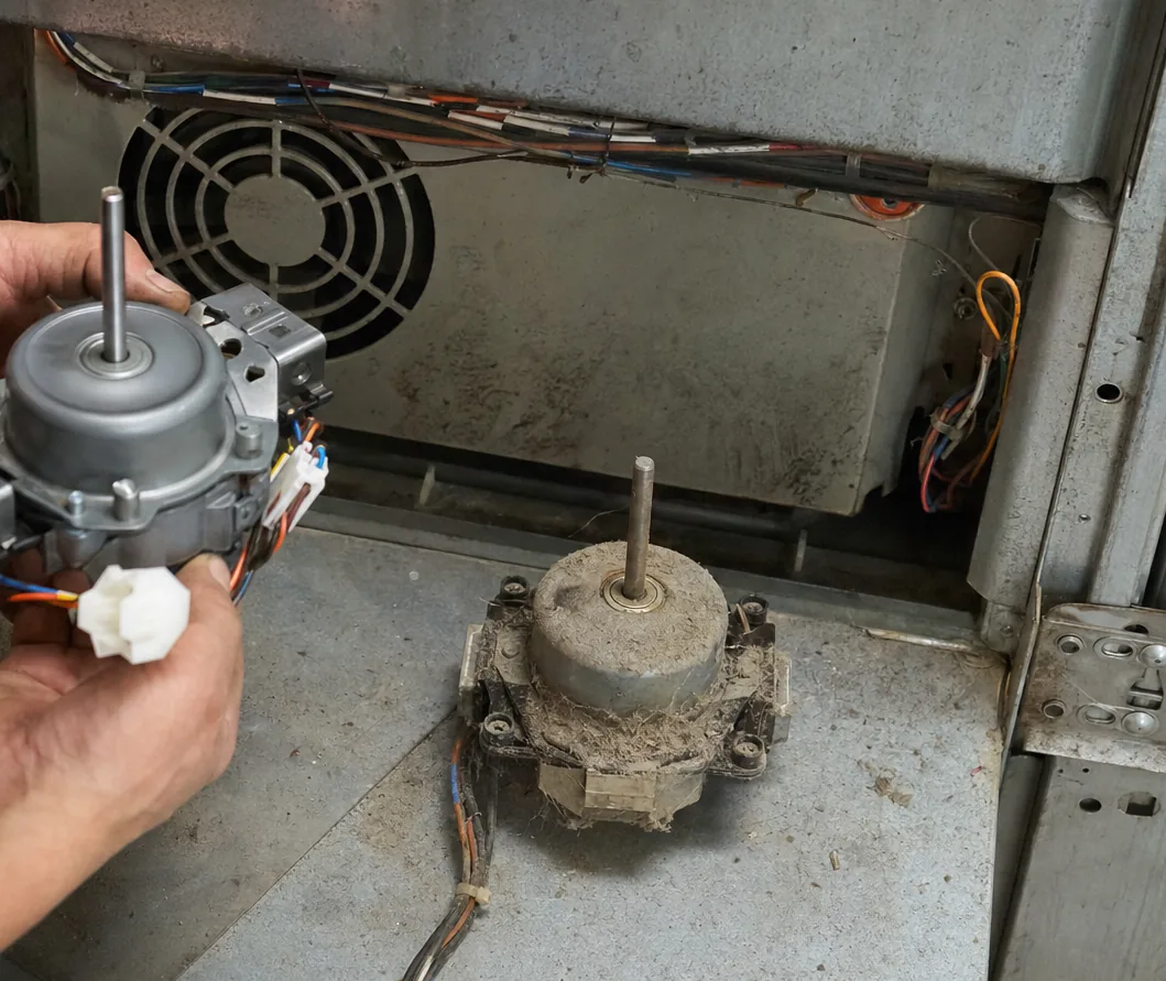 Right-of-centre crop of the motor swap: the replacement part held square in the bracket while the failed original waits on the panel beside it.